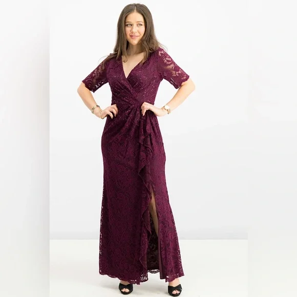 adrianna papell purple lace dress NWT; Adrianna Papell, Women's Embellished Lace Gown, Purple🥀